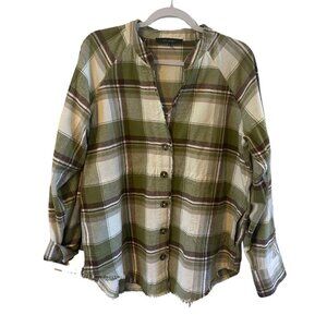 Blu Pepper Green Brown white Plaid Flannel Shacket Pockets raw hem Womens L NWOT